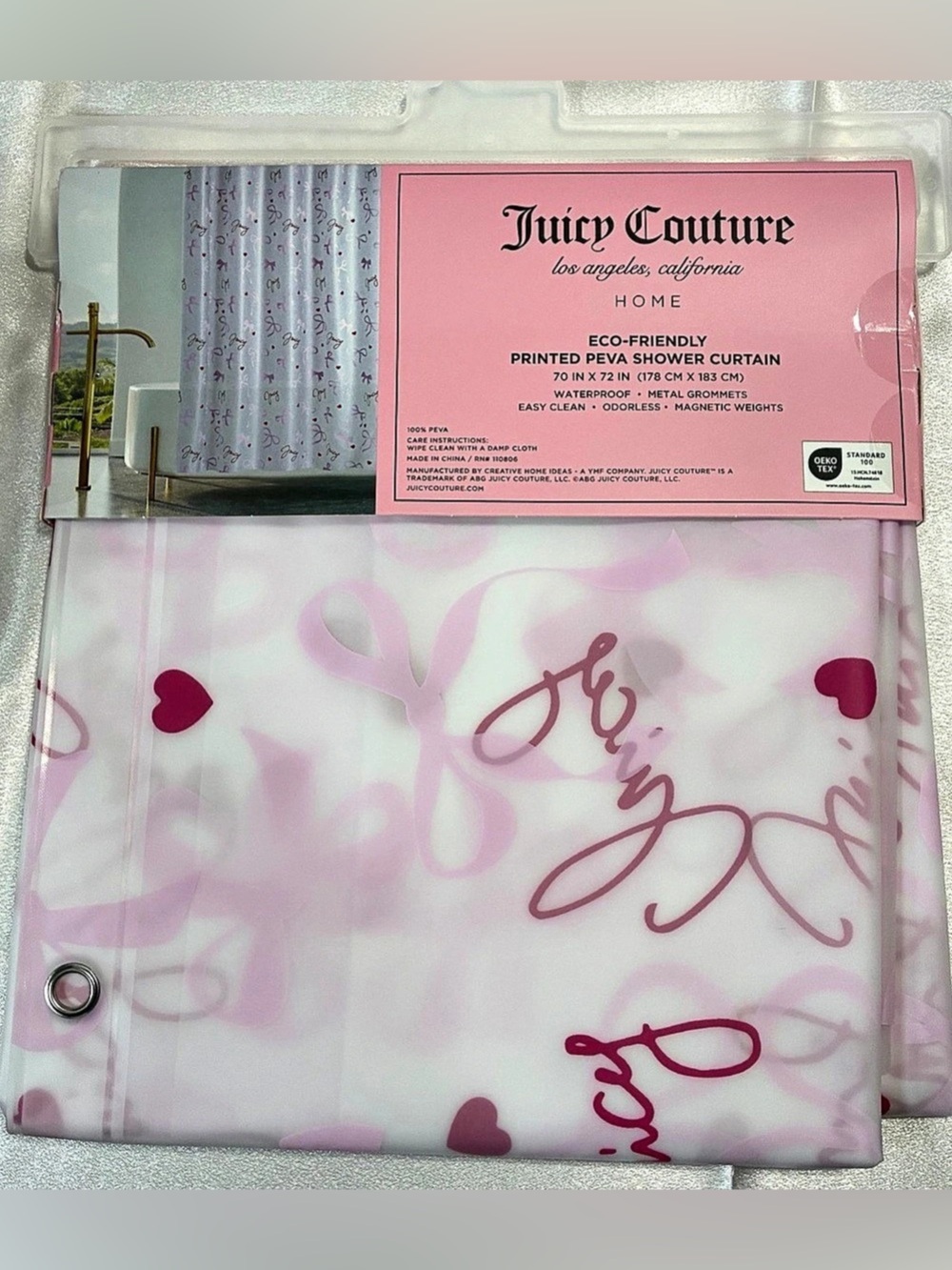 Juicy Couture Printed PEVA Shower Curtain Pink & White Shower Curtain NWT